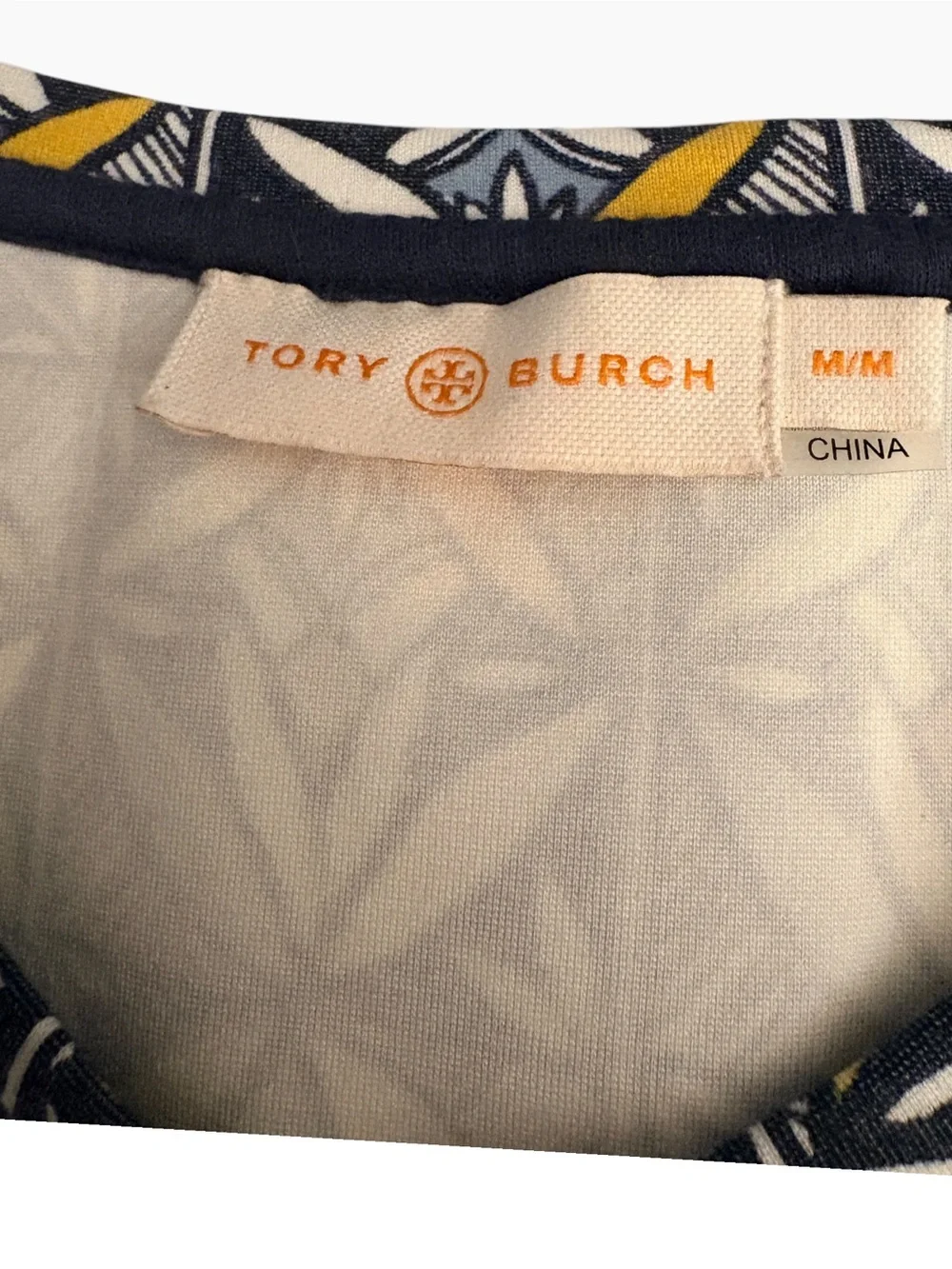 Tory Burch Geometric Print Short Sleeve Top Size M Navy Blue Orange